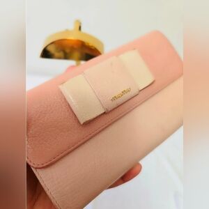 Miu Miu Blush and Cream Wallet With Bow Detail Kiss Lock Coin Compartment